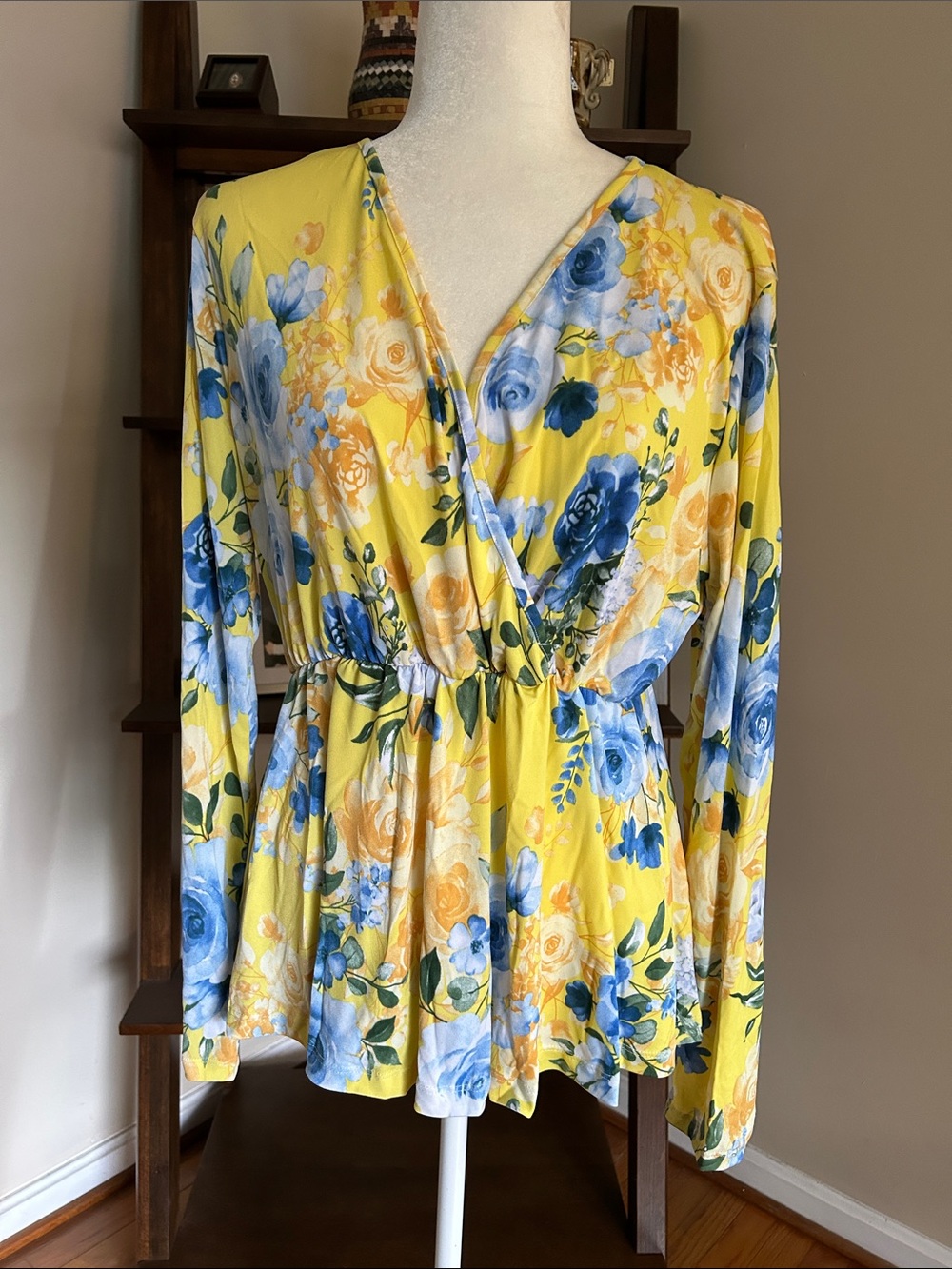 Yellow Floral Faux Wrap-Front Long-Sleeve Top